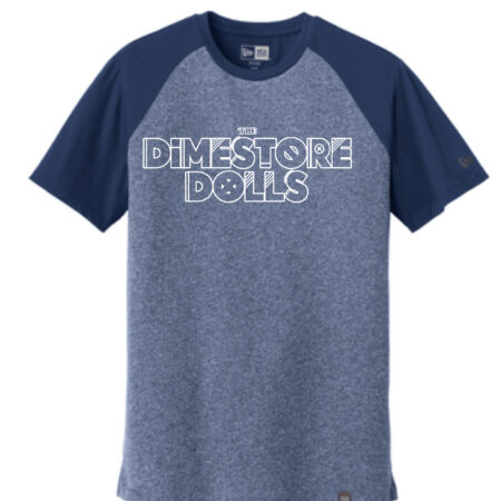Men's blue shirt with Dimestore Dolls text logo