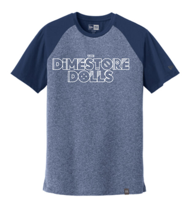 Men's blue shirt with Dimestore Dolls text logo